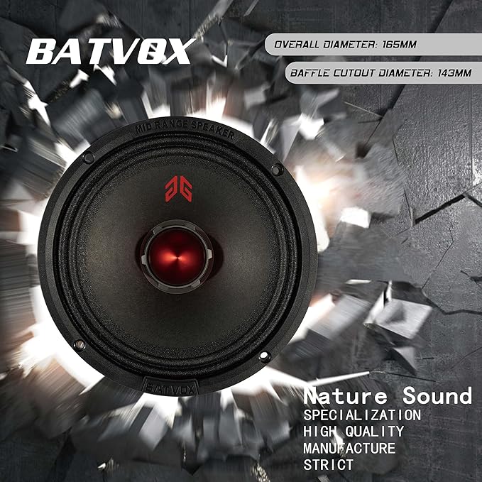MX65E2 Loudspeaker 6.5 Inch Midrange 480 Watts 4 Ohms Red Bullet, Premium Quality Audio Door Speakers for Car or Truck Stereo Sound System, Black (2 Speakers)
