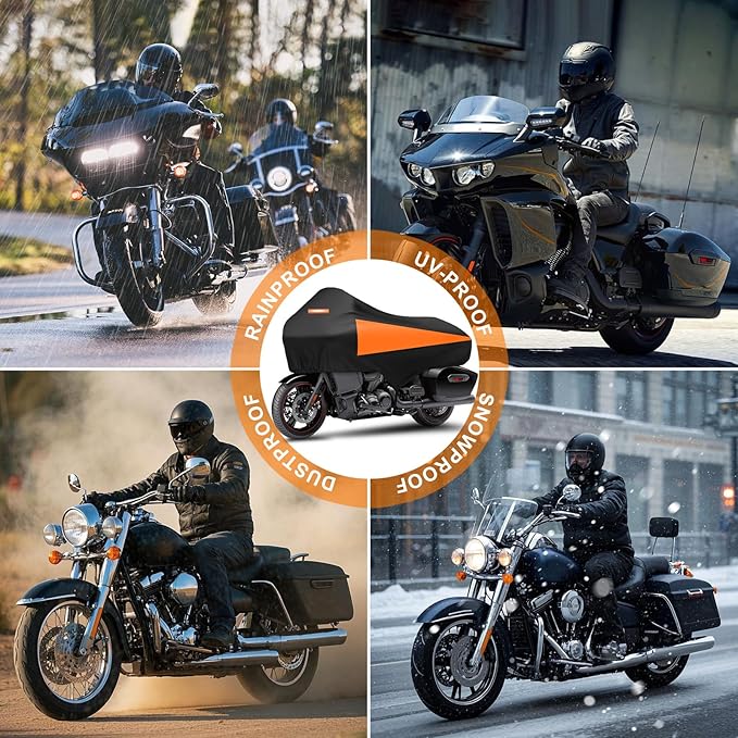 Motorcycle Half Cover with Elastic Hook Waterproof Dustproof Sunproof All-Weather Protection Suitable for Touring Models Road King Street Glide Road Glide and More(Black&Orange)