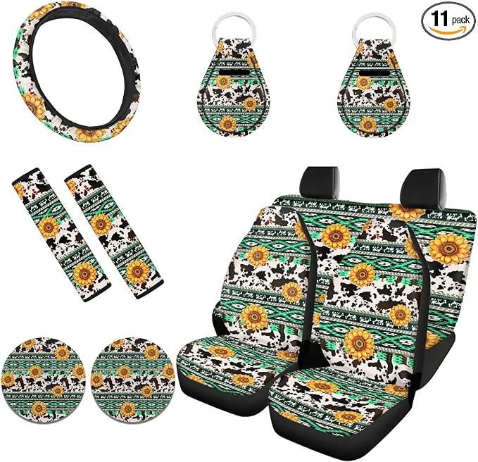 Tribal Sunflower Cow Print Car Seat Covers Full Set with Steering Wheel Seat Belt Pads Car Coasters Keychains, Universal Fits for SUV Truck Decorations