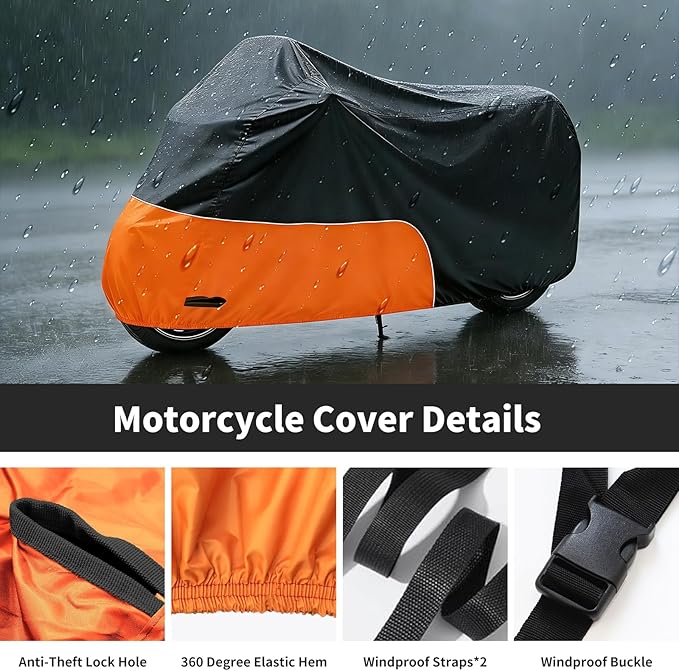 Motorcycle Cover 86 Inch with Relfection Strip, Compatible with Harley Davidson,Yamaha, Honda, Suzuki, Kawasaki All Weather Waterproof Outdoor and Dustproof Indoor, Black&Orange