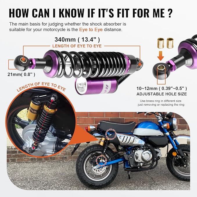 13.4" 340mm Motorcycle Rear Air Shocks Absorber Suspension for HONDA for Suzuki for Kawasaki for Yamaha ATV Go Kart Quad Dirt Sport Bikes,1 Pair, Purple