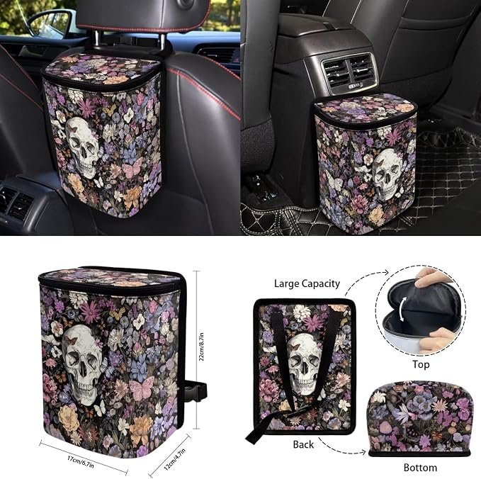 Skull Flower 15 PCS Car Seat Cover Full Set with Steering Wheel Cover Seat Belt Strap Pads Cup Coasters Trash Bag Rearview Mirror Cover Keychain Auto Interior Decor
