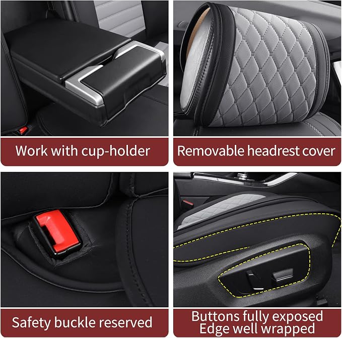 Aierxuan Leather Car Seat Covers Universal Fit Toyota Highlander 4Runner Nissan Altima Honda Chevy Impala Colorado Cruze Malibu Ford Cadillac Lexus Waterproof Cushions (Full Set,Black-Grey)