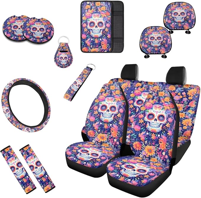 13 Pcs Skull Sunflower Universal Car Seat Covers Set Watercolor Skeleton Print Steering Wheel Cover/Cup Coasters Trucks Sedan SUV Cover Armrest Cushion Pad