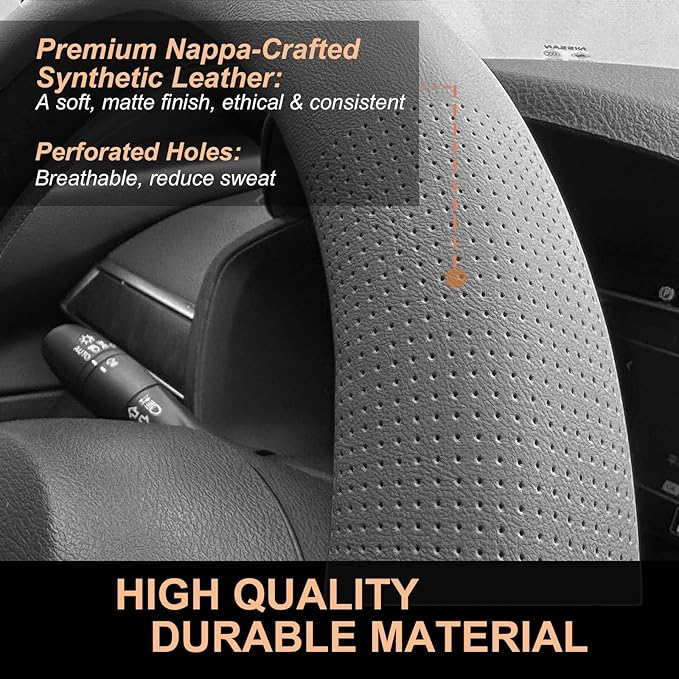 PINCTROT D Shaped Nappa Leather Steering Wheel Cover, Slim Fit No Bulk Design, One Piece Leather with Breathable Perforation, Fit Like Gloves, Flat Bottom 14.5-15 Inch(Nappa Dark Gray)