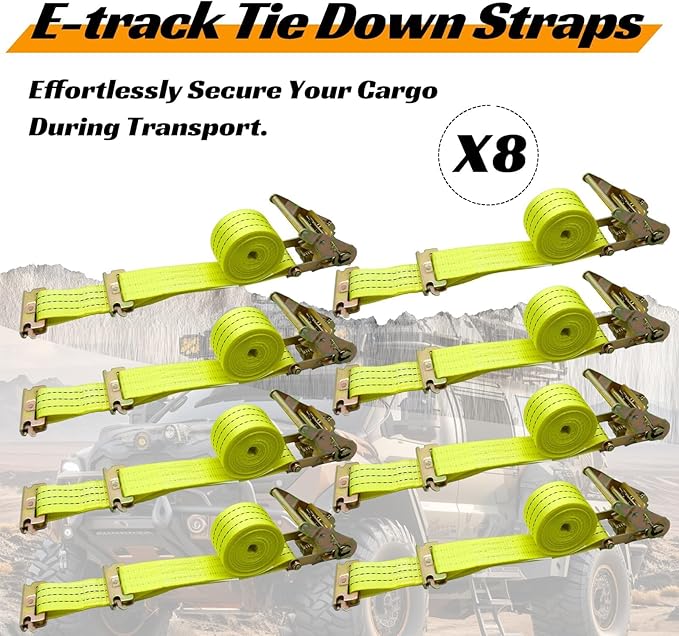 8 Pack 2" x 15' Heavy Duty E-Track Ratchet Straps - 4500LBS Break Strength - Tie Down Straps for Trucks, Trailers, Motorcycles, and Cargo（Yellow）