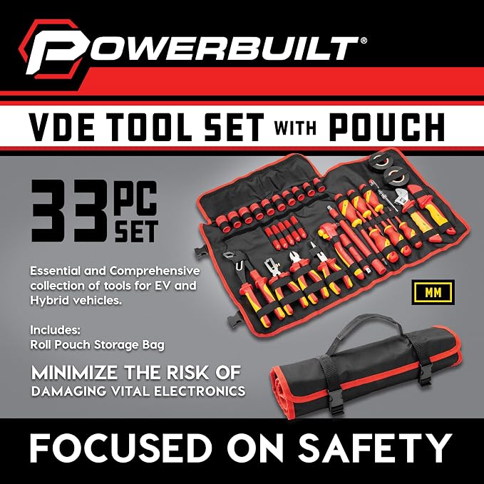 Powerbuilt 33-Piece VDE Tool Set, Insulated Ratchet, Screwdrivers, Sockets, Acessories, High-Voltage Electrical and Hybrid Vehicles, Home Repair, Certified High-Quality - 642938