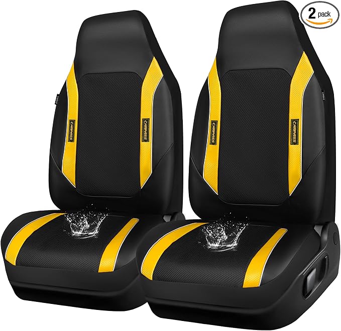 CAR PASS Sporty High Back 3D Oxford Waterproof Car Seat Cover Two Front, Universal Carbon Fiber Leather Bucket Seat Cover All Weather, Airbag Compatible Fit Sports Car SUV Sedan Truck Black Yellow