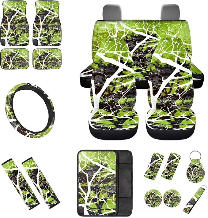 18 Pcs Green Branch Design Car Seat Covers Full Set Auto Interior Accessories with Steering Wheel Cover Floor Mats Armrest Cover Seat Belt Pads Roof Handle Wraps Cup Coaster Keychain