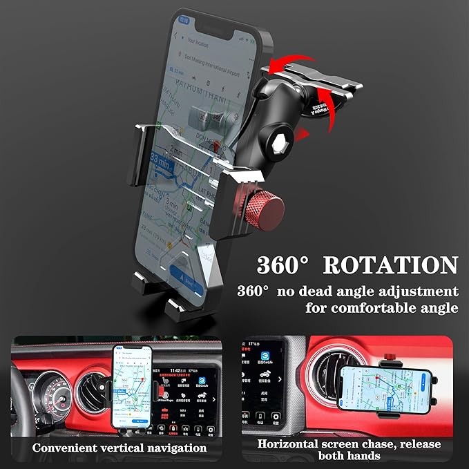 Upgraded Aluminum Vent Phone Mount for Jeep Wrangler JL & Gladiator JT (2018-2023) & Sahara | Stable Off-Road Car Phone Holder | No Block AC Vent | 360° Rotatable for iPhone & All Smartphones