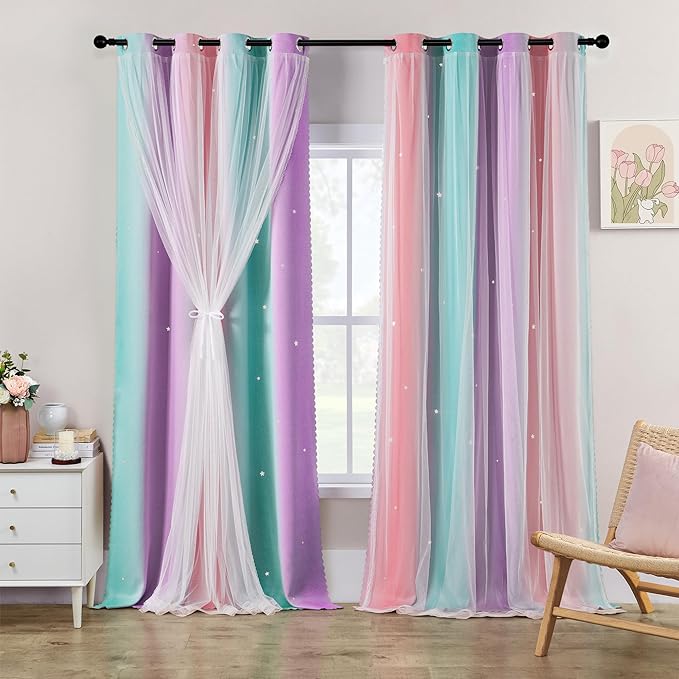 XiDi Girls Blackout Curtains 102 Inches Long for Bedroom, Room Darkening Grommet Window Ombre Curtains 2 Panel Sets, Kids Unicorn Princess Theme Decor Colorful Rainbow Design Pink Purple Green 34x102