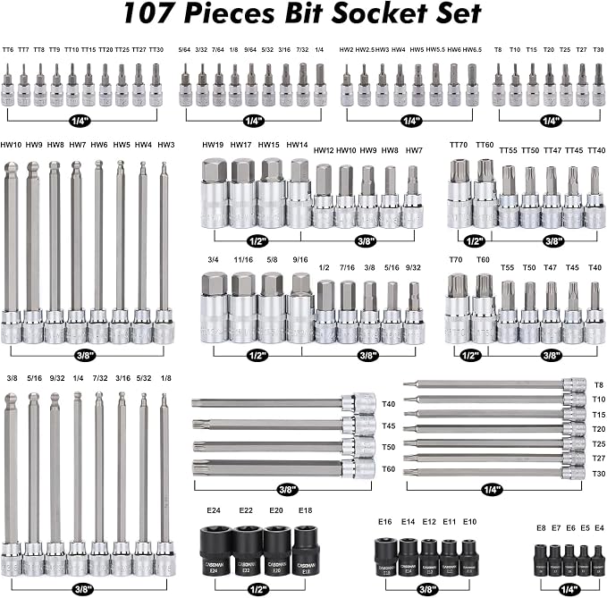 CASOMAN 107 Pieces Bit Socket Set, 1/4", 3/8" and 1/2" Drive, Torx/Tamper Proof Torx/Hex/Ball End Hex, SAE/Metric, S2 Steel Bits
