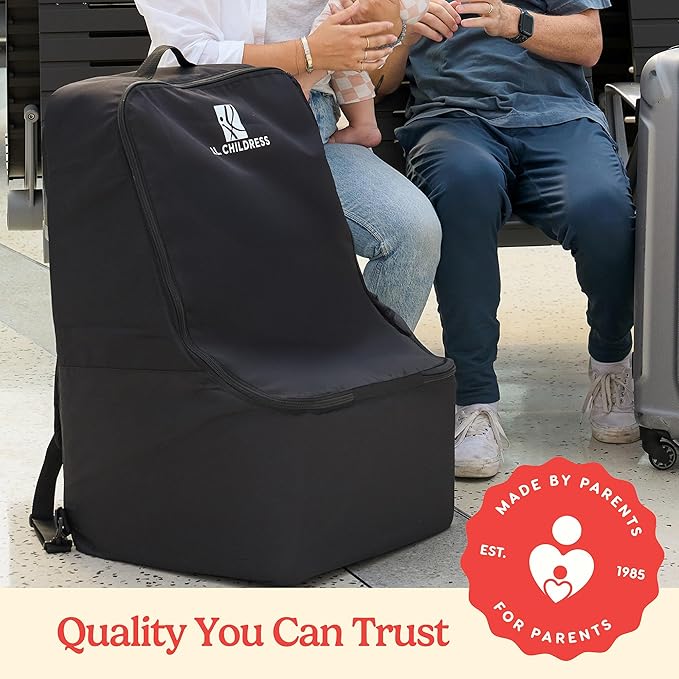 J.L. Childress Padded Backpack Car Seat Bag - Car Seat Travel Bag for Airplane, Fits Most Baby & Infant Carriers & Bootsters, Accessories for Gate or Baggage Check, AirTag Compatible - Deluxe, Black