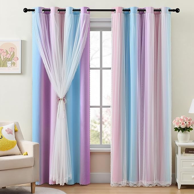 XiDi Kids Blackout Curtains with Sheer Overlay 84 Inches Long 2 Panels for Girls Bedroom Nursery Rainbow Pink Purple Blue Double Layer Curtains Unicorn Princess Theme Home Decor Grommet W34 x L84