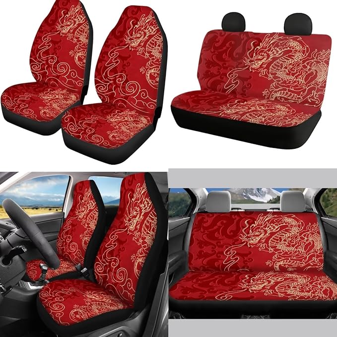 Mumeson Dragon Car Seat Covers for Front Rear Seat Protector with Steering Wheel Cover + Seat Belt Strap Pads Shoulder Pad Armrest Cushion Pad of Car Full Set of 8 Pcs Car Decor Set Purple