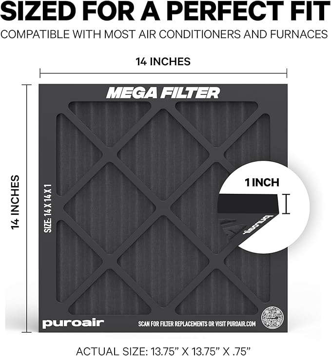 PuroAir MegaFilter - 14x14x1 Air Filter MERV 13 Activated CarbonTech Defense - Heavy Duty 3 Layer Furnace Filters Allergens, Pollen, Dust, Pet Dander, Smoke, Odors - HVAC Air Filter 14x14x1 (1-Pack)