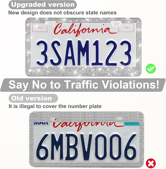 QUANQIUFEI 2 Pack Bling License Plate Frames for Women, Sparkly Rhinestone Diamond Car Accessories with Glitter Crystal Caps (Silver)