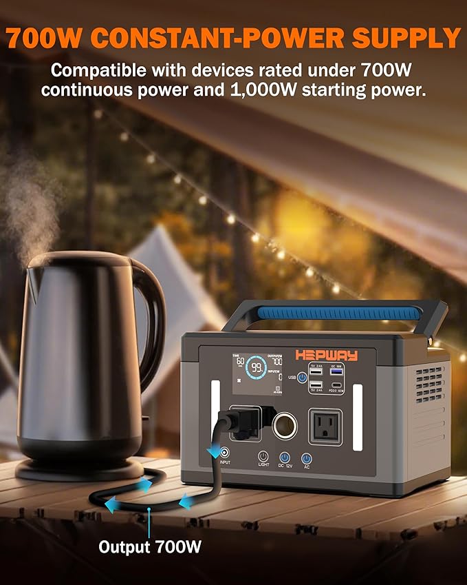 Portable Power Station 700W, 577Wh Battery Solar Generator, Power Bank 110V/ Surge 1000W Pure Sine Wave 2 AC Outlets with PD 60W USB-C Fast Charging for CPAP Camping, Hurricane Emergency, RVs