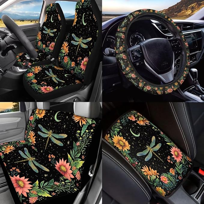 BIGCARJOB Blossom Floral Car Seat Cover Set - 15 Pcs Auto Interior Accessories - Vintage Lotus Steering Wheel Cover, Handbrake, Headrest Pillow, Seat Belt Pads