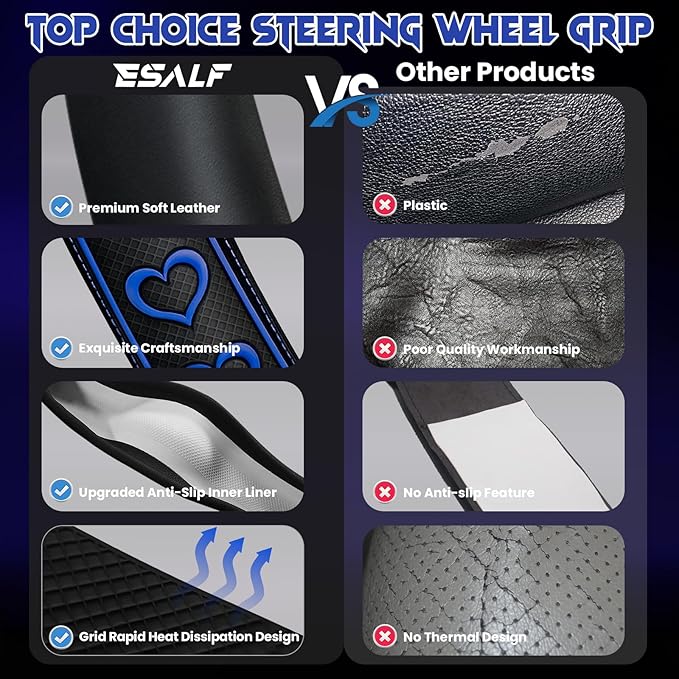 Ventilated Heart-Shaped Steering Wheel Cover with Anti-Slip Leather Grip. Compatible with Ford, Toyota, Honda, Nissan, and Chevrolet Vehicles for 14.5-15.2 inch Round Steering Wheels.