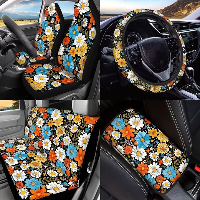 BIGCARJOB Hippie Daisy Print Car Seat Cover Set 15 Pcs Art Blossom Daisy Car Seat Interior Accessories Full Set with Seat Belt Pads,Car Seat Head Rest Protective Cover,Auto Garbage Bag