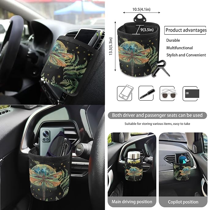 Moon Dragonfly Leaf Print Car Accessories Set Car Seat Covers Steering Wheel Cover Seatbelt Strap Pad Trash Cans Air Vent Storage Bag Coasters Rearview Mirror Cover Keychain 15 Pack