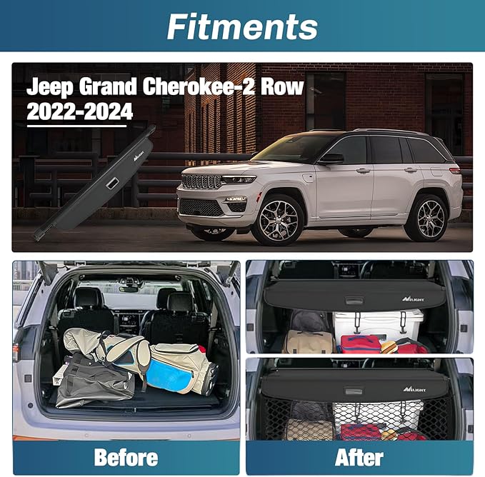 Nilight Trunk Cargo Cover for Jeep Grand Cherokee 2 Row WL 2022 2023 2024, Retractable Security Shade Rear Cargo Cover, with Trunk Storage Net