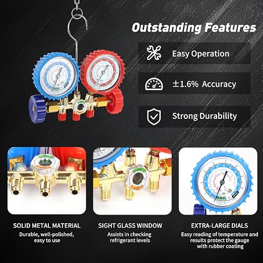 PB Motor Tech AC Diagnostic Manifold Gauge Set for R134A, R12, R22, R502 Refrigerants, Includes 4FT Three-Color Hoses and 2 Quick Couplers - Automotive & Household AC Maintenance