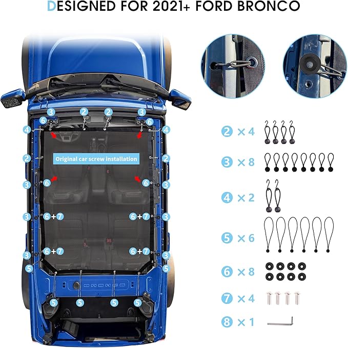 sukemichi Sunshade for Ford Bronco, Full Length Mesh Sun Shade Bikini Top Cover for Ford Bronco Accessories 2021 2022 2023 2024 2025 2026 4 Door - Blocks UV, Wind, Noise, (Black)