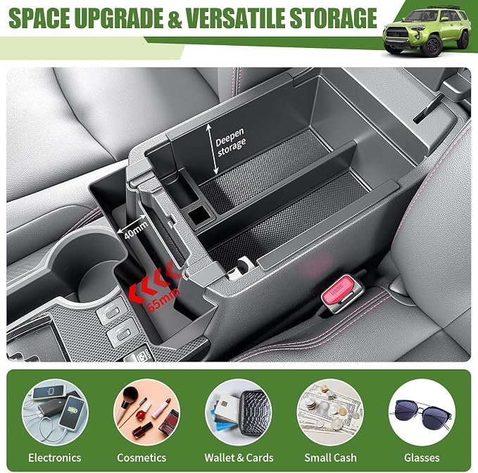 Center Console Organizer for 2010-2024 Toyota 4Runner Upgraded Hanging Armrest Box Extra Storage Space Tray for 4 Runner Interior Accessories(Fit 10-24/Hanging+Armrest Organizer)