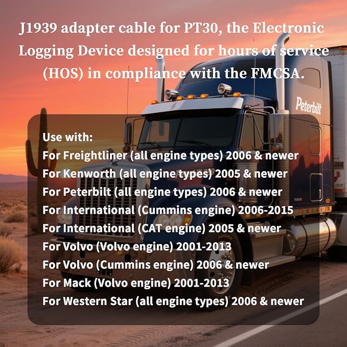 J1939 9 Pin Green to 10 Pin Diagnostic Cable,Compliant ECM w/DOT, Compatible with PT30 ELD Logbook for Freightliner, Kenworth, Peterbilt,Westernstar Trucks,Work with ELD Devices for Truckers