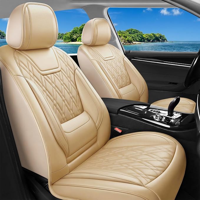 Car Seat Covers Compatible with Ford Taurus 2002-2019 - Full Set 5 Seats Luxury Leather All-Weather Seat Cushions & Protectors, Waterproof & Breathable, Airbag Compatible (Beige)