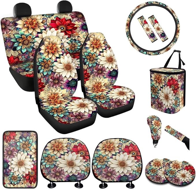 BIGCARJOB Hippie Lotus Print Car Seat Covers Set 15 Pieces Blossom Flower Seat Headrest Cover Universal Steering Wheel Cover Car Trash Can Hanging Car Interior Accessories Set