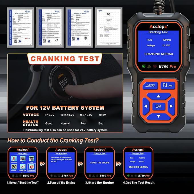 BT60 PRO Car Battery Tester 6V/12V/24V, 2–120Ah, 100–3000 CCA, Alternator & Starter/Charging System Analyzer, Automotive Load Test, QR Cloud Report (No App), for Car Truck Motorcycle Marine/RV