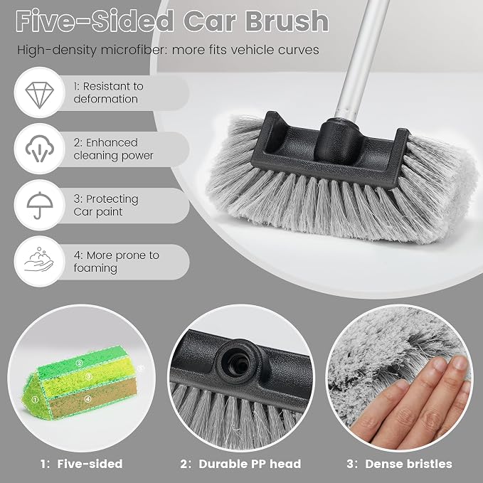 Car Wash Brush with Long Handle, 60'' Soft Bristle Cleaning Brush, Car Cleaning Brushes, Carwash Brushes for SUV, RV, Boat, Truck, House Siding, Sweep Snow, Gray