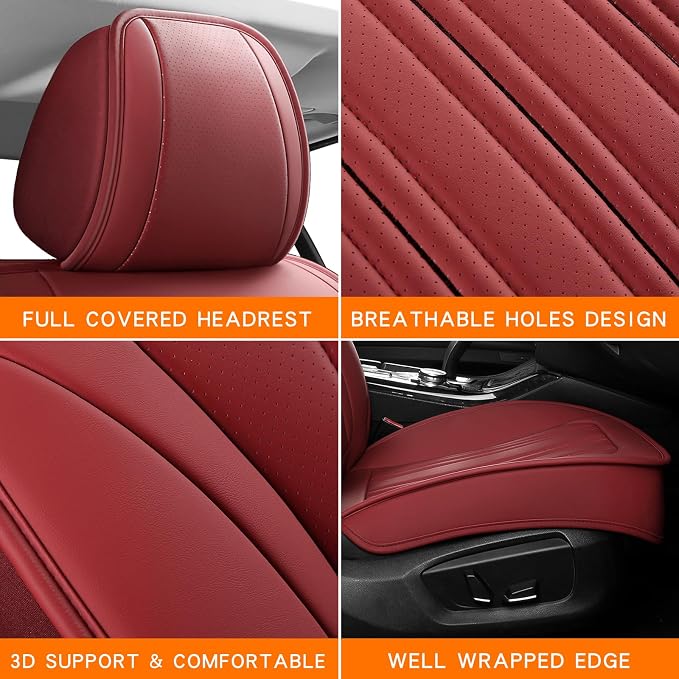 Car Seat Cover, Seat Covers for Cars, Luxury Faux Leather Waterproof Seat Covers, Car Seat Protector Accessories Universal Fit Most Vehicles WineRed Full Set