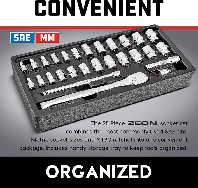 Powerbuilt 28-Piece Zeon Socket Set, SAE & Metric Rounded Fastener Grip Sockets with XT90 90-Tooth Ratchet, Extensions & Storage Tray - 941763