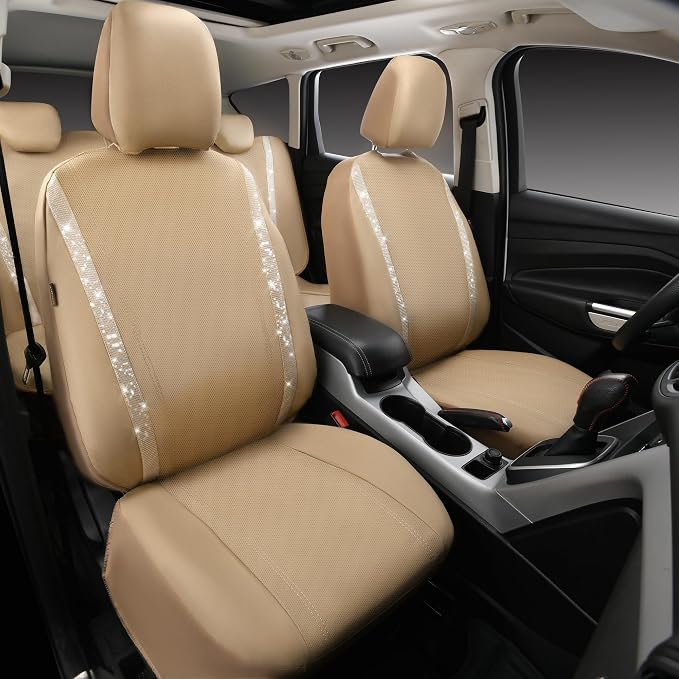 CAR PASS Bling Rhinestones Diamond Car Floor Mat Car Seat Covers Full Set, Crystal Sparkly Shining Glitter Carpet, Waterproof Anti-Slip PVC Heel Pad Universal Fit Interior Girl Women Beige