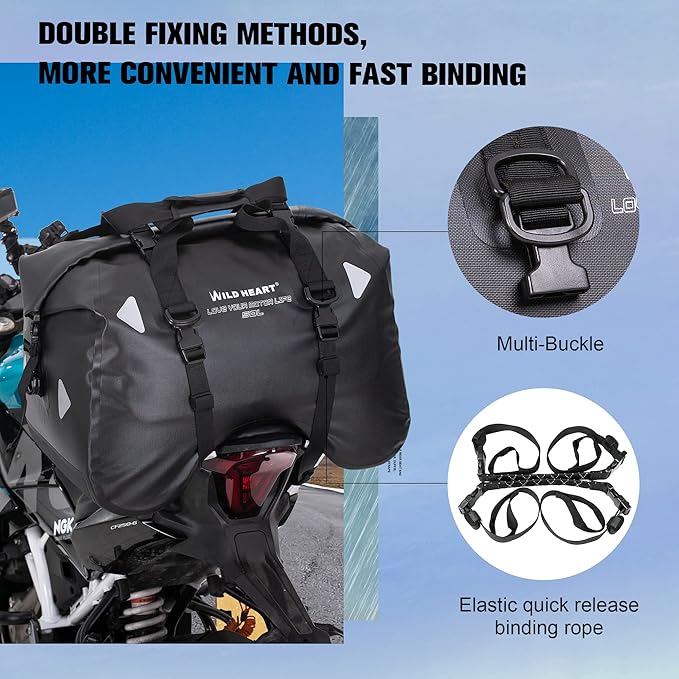 WILD HEART Dry Motorcycle Tail bag 70L/50L With Rope Straps and Inner Pocket Waterproof PVC 500D for Travel,Motorcycle and so on