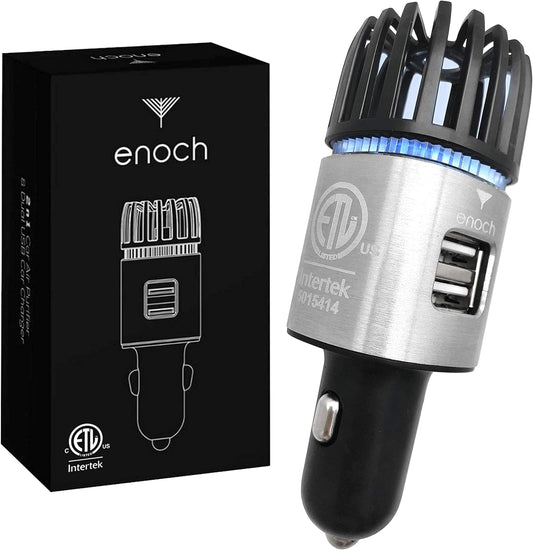 Enoch Car Air Purifier Premium Air Ionizer - 12V Plug-In Ionic Ozone Deodorizer Accessory with Dual USB Car Charger - Eliminates Cigarette Smoke, Pet and Food Odors, Dust (Gray Silver)