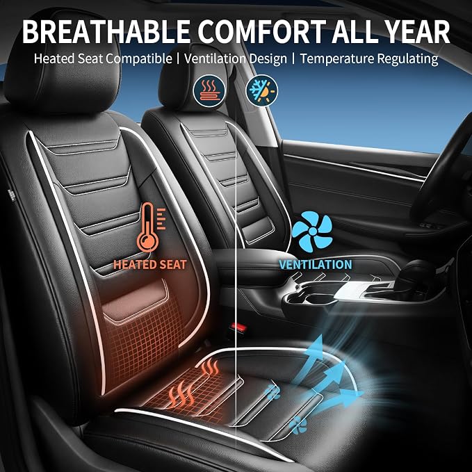Fit CTS Car Seat Covers (Front Pair) for Select Cadillac CTS 2003-2019, Premium Full Coverage Leather, Airbag Compatible, Scratch-Resistant, Waterproof, All Weather Seat Protector, Black+White