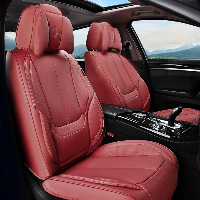 Coverado Universal Seat Covers Front, 2-Pack Universal Seat Covers for Cars, Waterproof Nappa Leather Car Seat Covers with Head Pillow, Auto Protectors Fit for Most Sedans SUV Pick-up Truck-Red