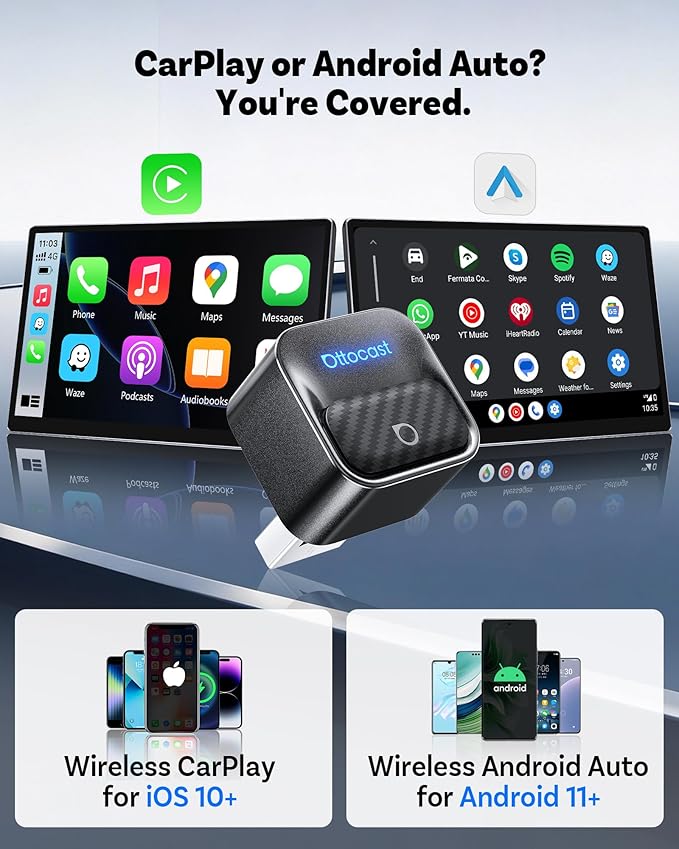 Ottocast Mini Core, 2026 Next-Gen Wireless CarPlay & Android Auto Adapter, WiFi 6 & Bluetooth 5.4 Ultra-Fast Connection, One-Touch Device Switching, Plug & Play, Auto Connect for iPhone & Android