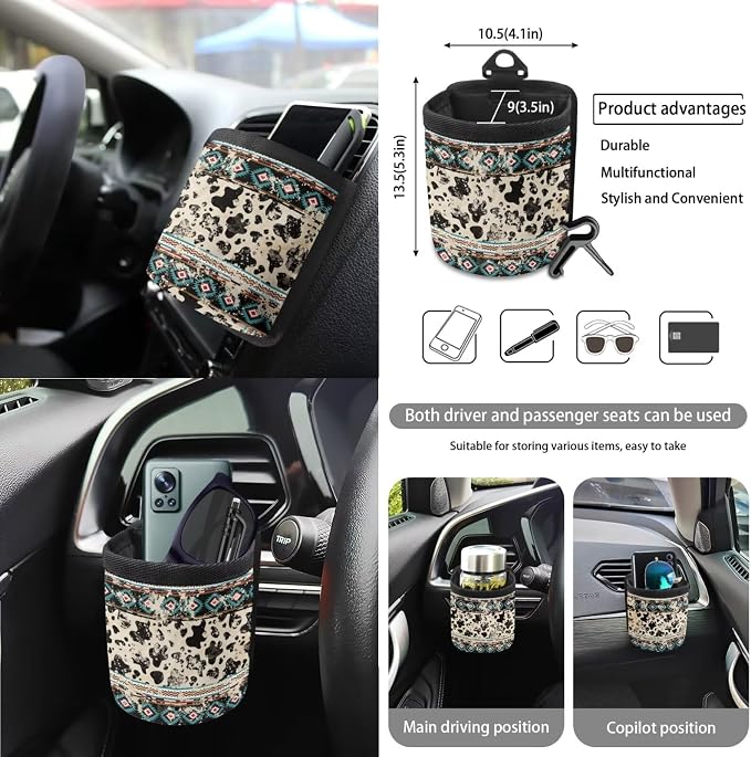 Wanyint Aztec Cow Print Retro 15 PCS Car Accessories, Universal Auto Seat Protector Steering Wheel Cover Seatbelt Strap Pad Trash Can Mount Storage Pocket Cup Holders Rearview Mirror Cover Keychain