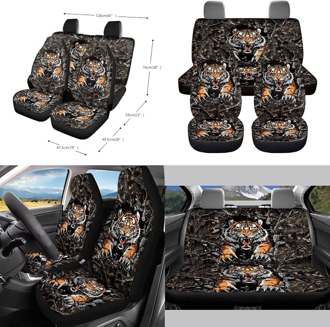 Tiger Forest Camo Pattern Auto Seat Covers Full Set, Car Interior Decor Set of 10 Steering Wheel Cover Cup Coasters Car Trash Can Air Vent Pounch Bag Keychain Universal Fit for SUV Truck Van