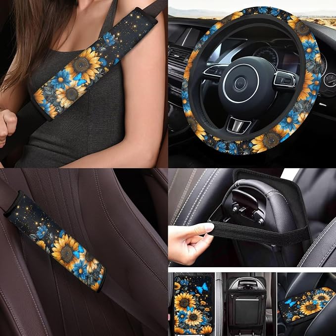 Butterfly Car Seat Covers Full Sets of 17Pack,Sunflower Car Accessories Sets with Seat Belt Shoulder Pad,Steering Wheel Car Covers,Cup Coasters,Butterfly Car Floor Mats Set of 4,Universal Fit
