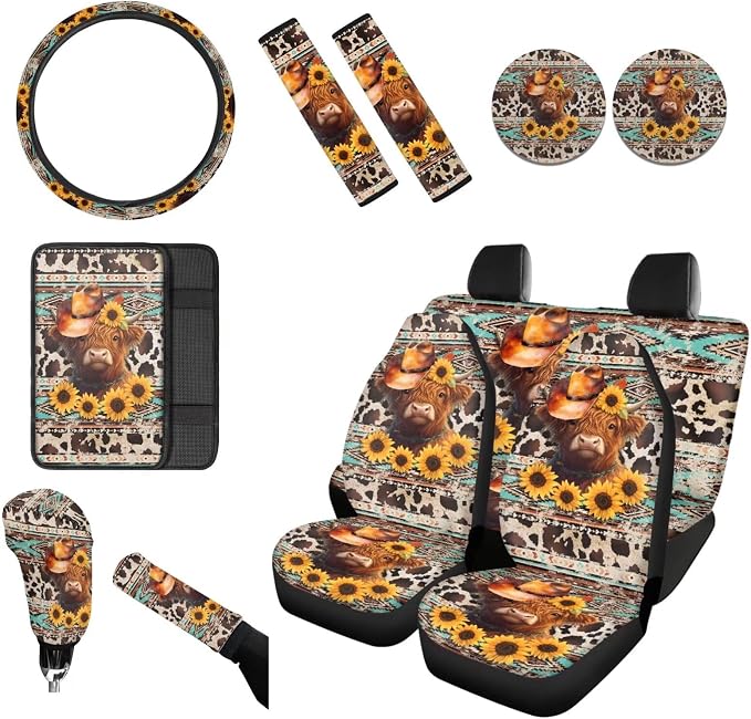 Wanyint Aztec Highland Cow Cowboy Sunflower Car Seat Covers Full Set Pack of 12, with Steering Wheel Cover Seat Belt Pad Armrest Pad Handbrake Cover Gear Shift Cover Handbrake Cover Cup Coaster