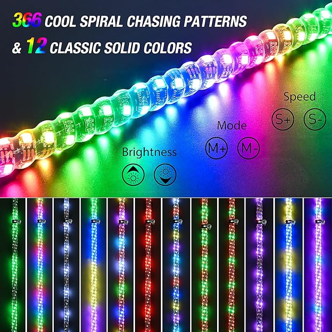 Nilight 2PCS 2FT Spiral RGB Led Whip Light w/RGB Chasing/Dancing Lights RF Remote Control Lighted Antenna Whips for Can-am ATV UTV RZR Polaris Dune Buggy 4-Wheeler Offroad Truck