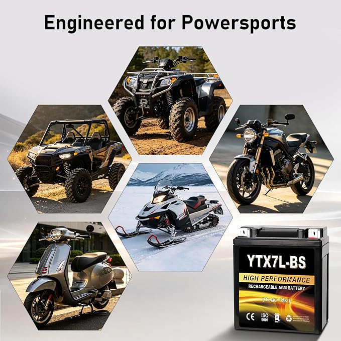 YTX7L-BS 12V 7Ah AGM Sealed Motorcycle Battery, Maintenance-Free, Compatible with Honda Kawasaki Suzuki Yamaha 4 Wheeler ATV Scooter