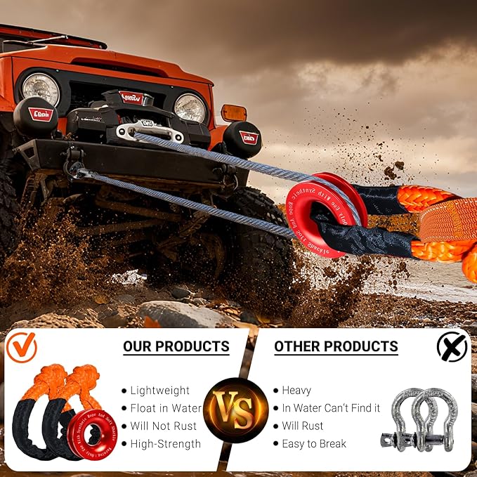 Synthetic Soft Shackle Rope 1/2 x 22 Inch Orange Recovery Tow Shackles with Red Snatch Recovery Ring 56,000lbs Breaking Strength Offroad Soft Shackle Recovery Kit for Off-Road ATV UTV Vehicles